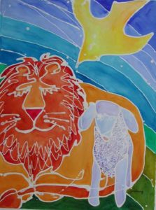 Lion, Lamb & Dove batik & watercolor on paper